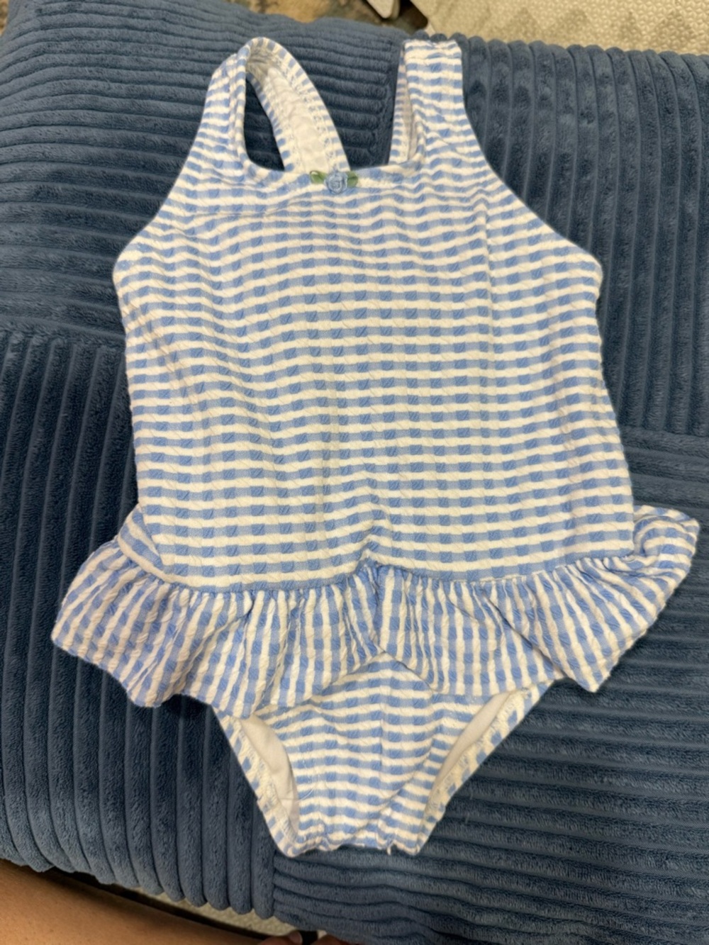 Zara Light Blue and White Striped Toddler One-Piece Swimsuit with Ruffle Hem